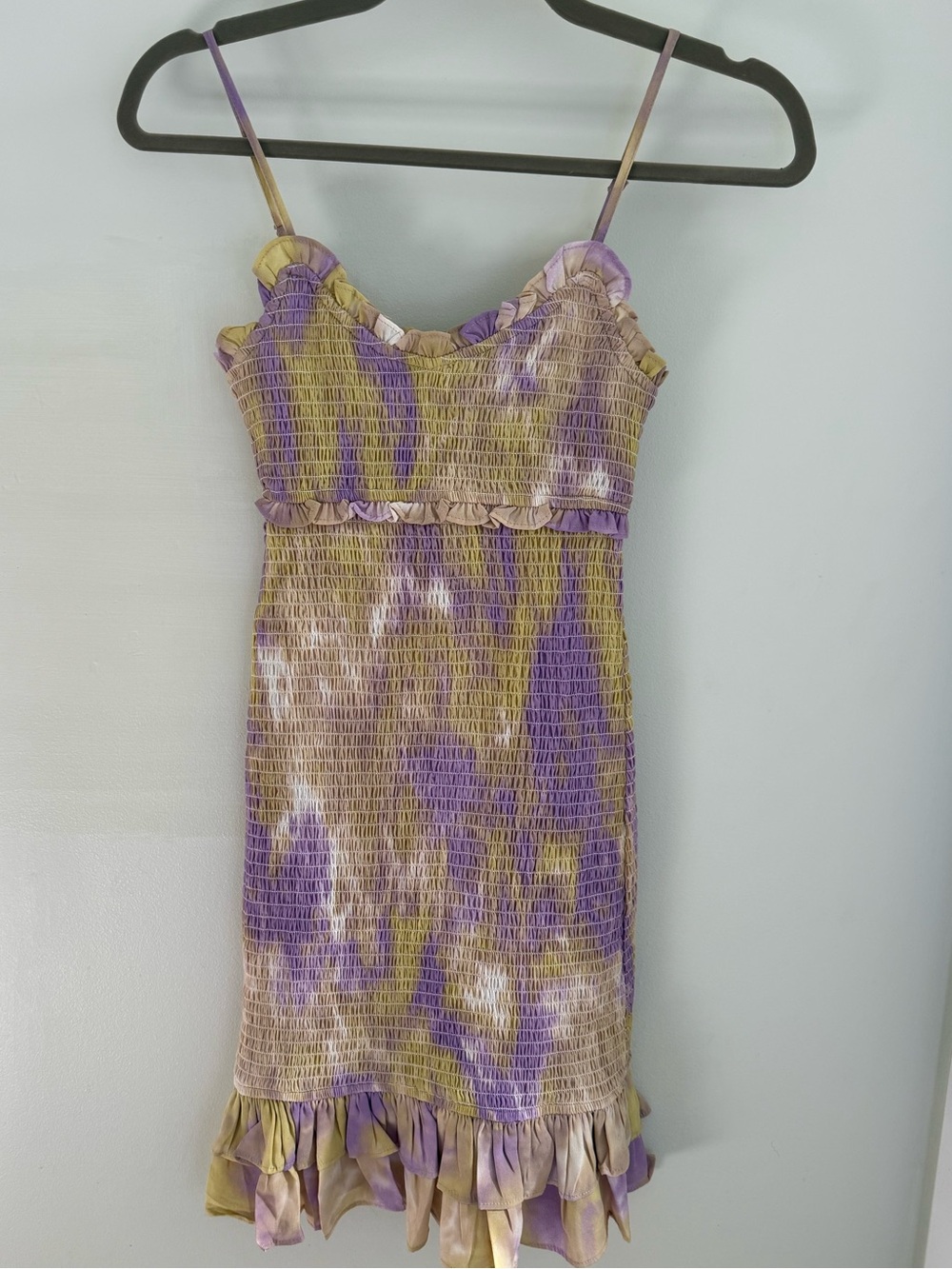 Purple and Yellow/Green Smocked Ruffle Slip Dress